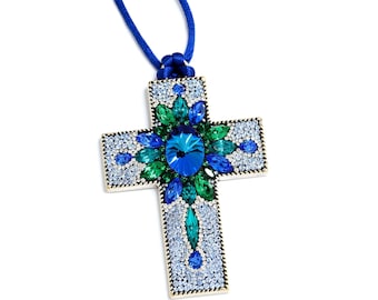 Magnificent Bermuda Blue Green Cross Handmade Sapphire Emerald Zircon Crystal Swarovski Glass Rhinestones Large 3"Jeweled Micro Mosaic Gift