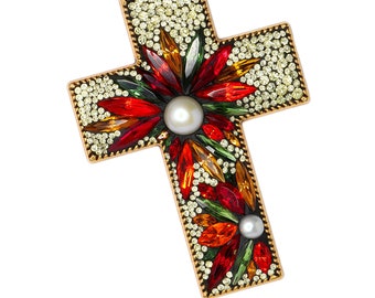 Gorgeous Jeweled 3" Warm Colors Fresh Water Pearls Starburst Cross Red Orange Topaz Green Gold Swarovski Glass Rhinestones Micro Mosaic Gift