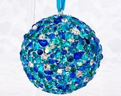 Coastal Jeweled Blue Ornament Ball Swarovski Rhinestones Hanging Nesting Aqua Turquoise Mosaic Orb Sphere Boho Home Accent Decor Free Stand