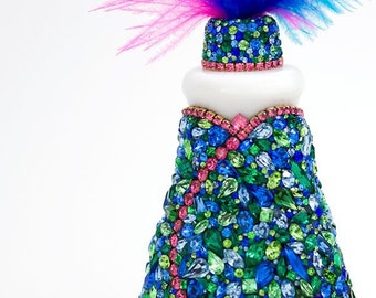 Gorgeous Bud Vase Blue Emerald Green Pink Gown Dress Diffuser Sapphire Pink Swarovski Rhinestone Aromatherapy Sculpture Milk Glass Mosaic