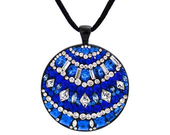 Blue Lover's Handmade 2" Pendant Jeweled Necklace Crystal Sapphire Swarovski Glass Rhinestones Gift for Wife Mom Girlfriend Stocking Stuffer