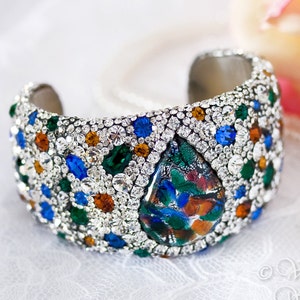Handmade Small Crystal Jeweled Cuff Bracelet Wedding Bridal Prom Blue Green Red Silver 6 5/8&quot; Swarovski Rhinestones Sparkling Party Glam