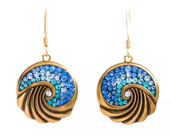 Ocean Waves Earrings Swarovski Gift for Her Glass Rhinestone Pierced Art Deco Blue Green Embossed Brass Gold Tropical Nautical Crystal Beach