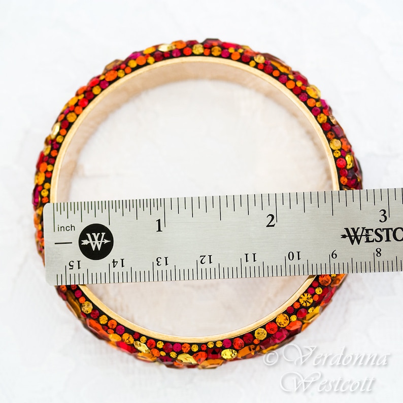 Opulent Pave Bangle Bracelet Red Orange Yellow Ochre Topaz Padparadscha Medium 2 1/2 Swarovski rhinestones 3/4 wide autumn warm colors image 5