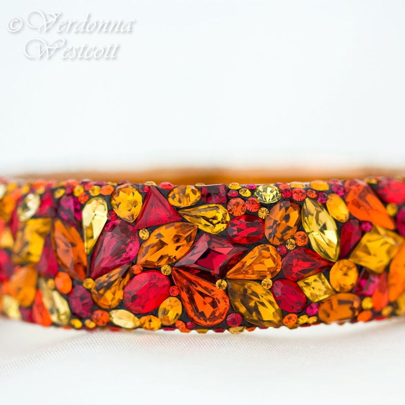 Opulent Pave Bangle Bracelet Red Orange Yellow Ochre Topaz Padparadscha Medium 2 1/2 Swarovski rhinestones 3/4 wide autumn warm colors image 2