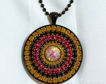 Fire Opal Mandala Black Rhinestones Pendant Necklace Vintage Cabochon 2" Round 24" Chain Fuchsia Gold Topaz Jet Gift for Her Wife Girlfriend