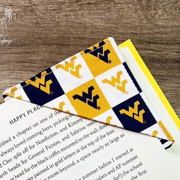 Fabric corner bookmark –– handmade gifts for readers, book lovers –– WVU WV Mountaineers West Virginia University