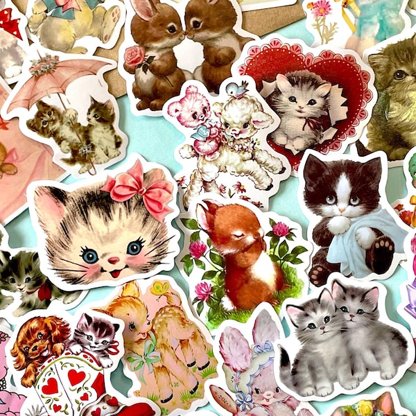 10/20/30 PCS Vintage Animal Stickers – Cute Baby Cats, Dogs, Bunnies for Scrapbooking, Junk Journals, Paper Crafts, Retro Ephemera Stickers
