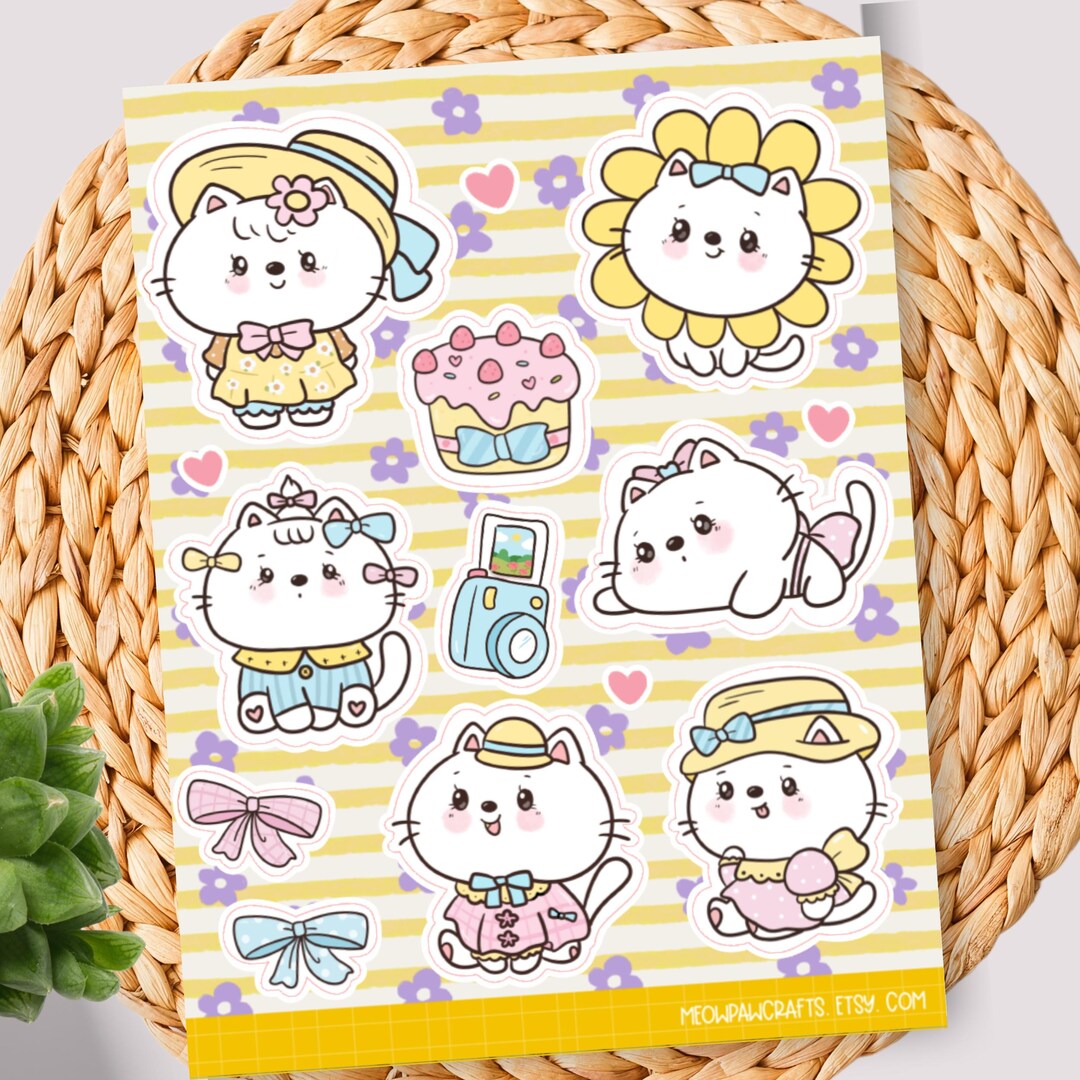 Cute Cat Sticker Sheet, Kawaii Kitten Stickers, Yellow Coquette ...
