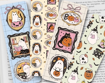 Cute Halloween Bookmarks, Ghost Pumpkin Bow Frames Bookmark Set, Spooky Bookish Gift, Coquette Girly Aesthetic Double-Sided Glossy Bookmarks