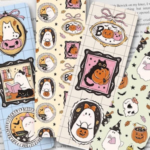 Cute Halloween Bookmarks, Ghost Pumpkin Bow Frames Bookmark Set, Spooky Bookish Gift, Coquette Girly Aesthetic Double-Sided Glossy Bookmarks