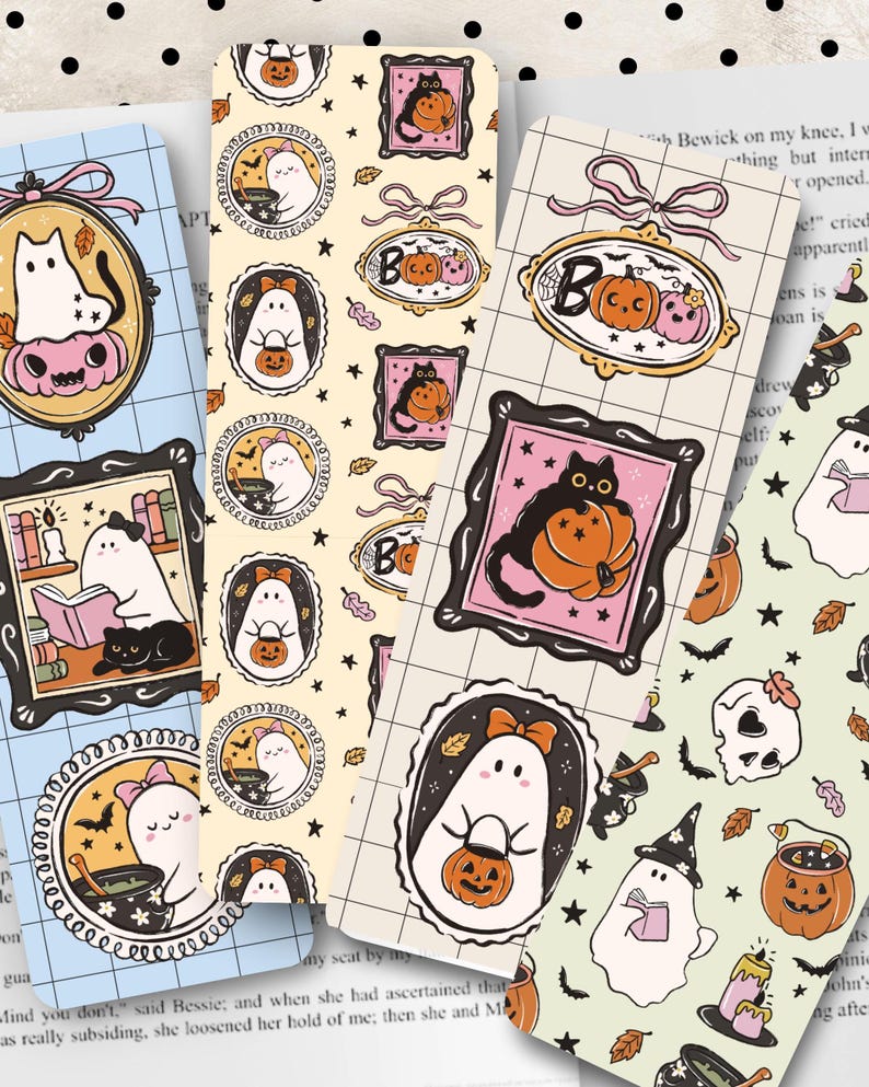 Cute Halloween Bookmarks, Ghost Pumpkin Bow Frames Bookmark Set, Spooky Bookish Gift, Coquette Girly Aesthetic Double-Sided Glossy Bookmarks