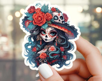 La Catrina Girl Sticker, Day of the Dead Waterproof Sticker, Halloween Sugar Skull, Dia De Los Muertos, For Water Bottle Laptop
