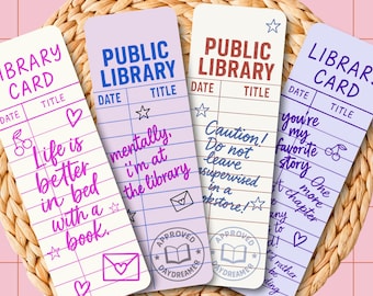 Library Card Bookmarks, Funny Bookish Set, Vintage Public Library, Double-Sided