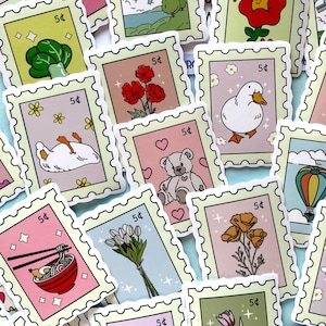 10/25/50 Cute Postage Stamp Stickers, Fake Stamps, Animals Flowers Food, 5 Cent Stickers, Waterproof Random Selection, Kawaii Sticker Pack