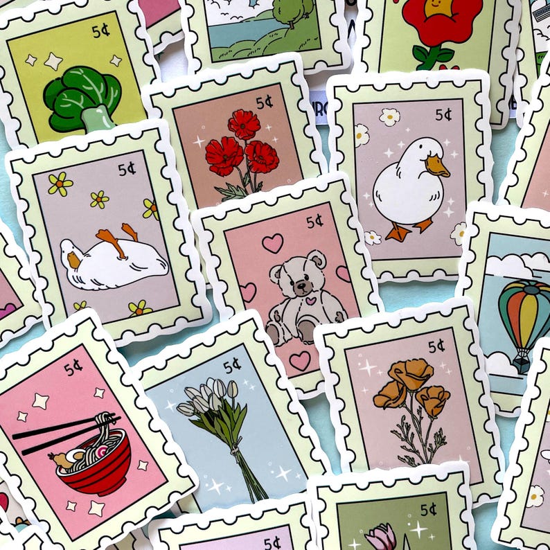 10/25/50 Cute Postage Stamp Stickers, Fake Stamps, Animals Flowers Food, 5 Cent Stickers, Waterproof Random Selection, Kawaii Sticker Pack