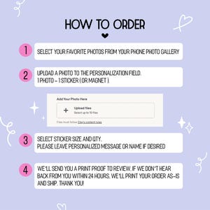 May include: A light purple instructional graphic titled HOW TO ORDER with four numbered steps. It details selecting photos, uploading to a personalization field, choosing sticker size and quantity, and reviewing a print proof within 24 hours.