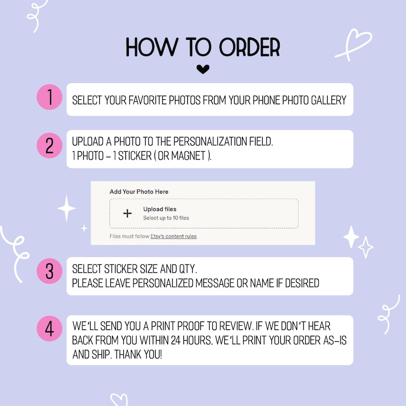 May include: A light purple instructional graphic titled HOW TO ORDER with four numbered steps. It details selecting photos, uploading to a personalization field, choosing sticker size and quantity, and reviewing a print proof within 24 hours.