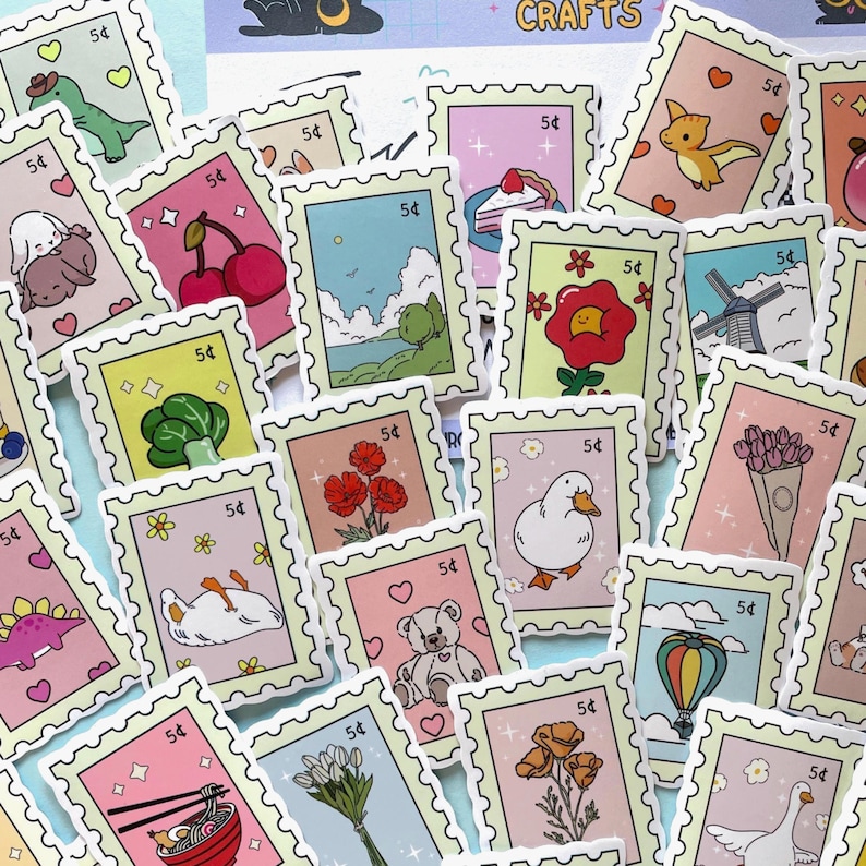 10/25/50 Cute Postage Stamp Stickers, Fake Stamps, Animals Flowers Food, 5 Cent Stickers, Waterproof Random Selection, Kawaii Sticker Pack
