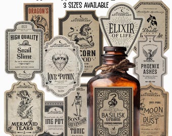 Halloween Apothecary Labels, Vintage Potion Bottle 12 PCs Stickers, Halloween Decor, Magic Witch Apothecary Potion, Water-Resistant Stickers
