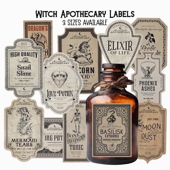 Halloween Apothecary Labels, Vintage Potion Bottle 12 PCs Stickers, Halloween Decor, Magic Witch Apothecary Potion, Water-Resistant Stickers