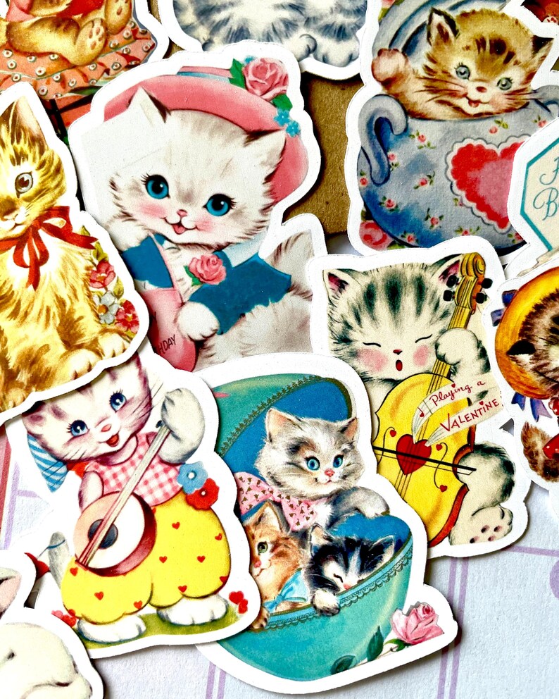 Vintage Cat Stickers, Retro Aesthetic Sticker Pack, 19 PCS Cute Baby Cat Vinyl Stickers, 1950s Kittens For Planners Journaling Scrapbooking