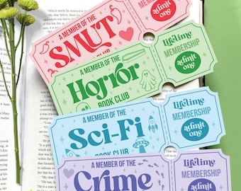 Admit One Ticket Bookmark, Book Genres Bookish Bookmark, Book Club Membership, Smut Lover, Horror, Sci-Fi, Crime, Reader Gift, Double-Sided