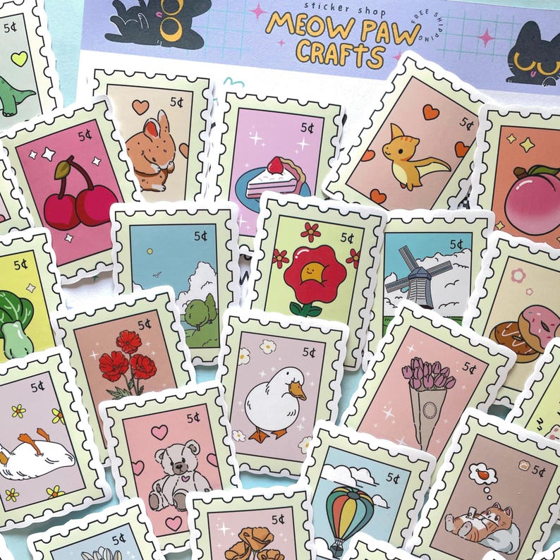 10/25/50 Cute Postage Stamp Stickers, Fake Stamps, Animals Flowers Food, 5 Cent Stickers, Waterproof Random Selection, Kawaii Sticker Pack