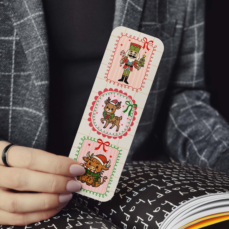 Christmas Frame Bookmarks, Preppy Xmas Bookmark Set, Christmas Holiday Stocking Stuffer for Reader, Santa Snowman Bookmark, Double-Sided