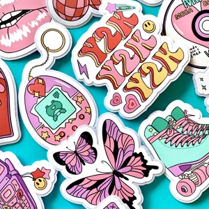 Y2K Vinyl Stickers, Retro Aesthetic Sticker Pack, 12 PCS Pink Girly Waterproof Stickers For Laptop Water Bottle, 90s 2000s Millennial Gift