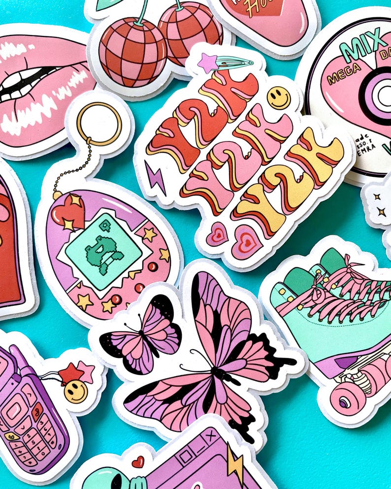 Y2K Vinyl Stickers, Retro Aesthetic Sticker Pack, 12 PCS Pink Girly Waterproof Stickers For Laptop Water Bottle, 90s 2000s Millennial Gift
