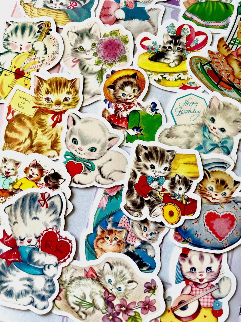 Vintage Cat Stickers, Retro Aesthetic Sticker Pack, 19 PCS Cute Baby Cat Vinyl Stickers, 1950s Kittens For Planners Journaling Scrapbooking