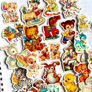 Vintage Animal Stickers, Retro Aesthetic Sticker Pack, 23 PCS Cute Baby Animals Stickers, 1950s Toys Teddy Bear Duck Dog Cat Vinyl Stickers