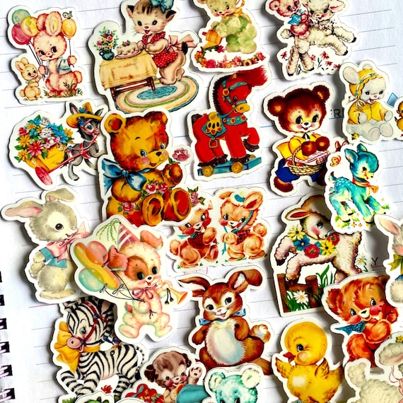 Vintage Animal Stickers, Retro Aesthetic Sticker Pack, 23 PCS Cute Baby Animals Stickers, 1950s Toys Teddy Bear Duck Dog Cat Vinyl Stickers