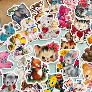 10/20/30 PCS Vintage Animal Stickers – Cute Baby Cats, Dogs, Bunnies for Scrapbooking, Junk Journals, Paper Crafts, Retro Ephemera Stickers