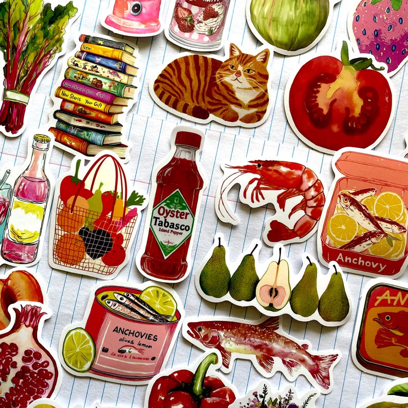50 Mediterranean Aesthetic Stickers, Tomatoes And Lemons Sardines Italian Food, Dolce Vita Summer Waterproof Stickers, Fruit and Vegetables