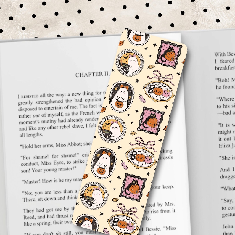 Cute Halloween Bookmarks, Ghost Pumpkin Bow Frames Bookmark Set, Spooky Bookish Gift, Coquette Girly Aesthetic Double-Sided Glossy Bookmarks