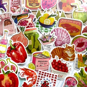 50 Mediterranean Aesthetic Stickers, Tomatoes And Lemons Sardines Italian Food, Dolce Vita Summer Water-Resistant, Fruit and Vegetables