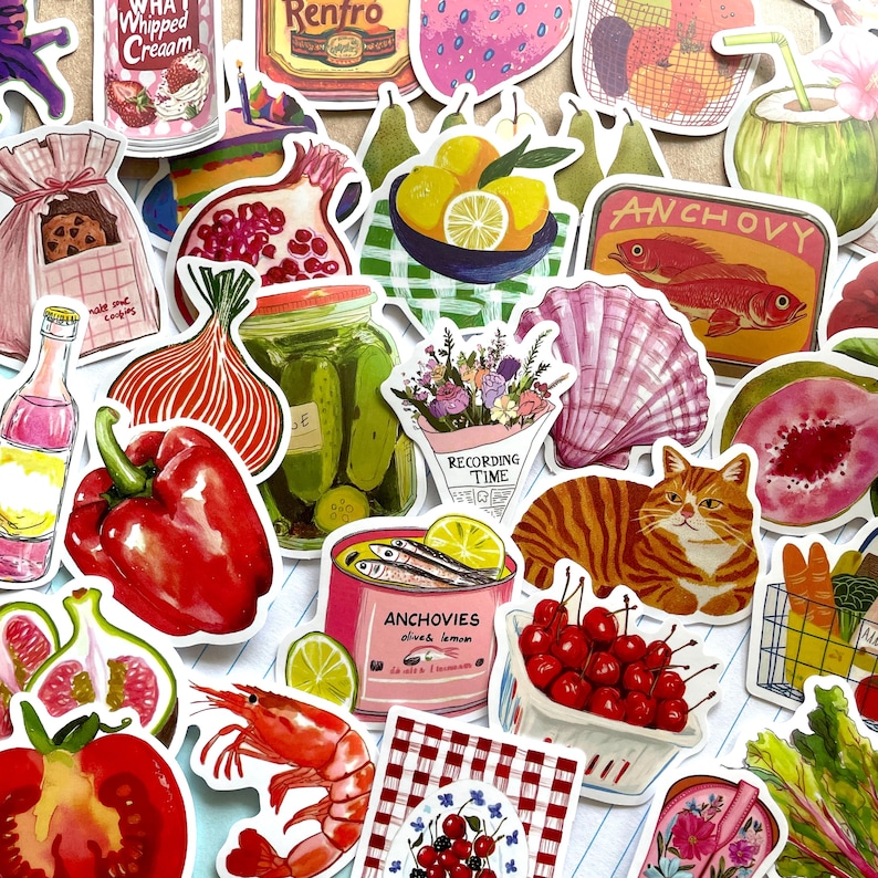 50 Mediterranean Aesthetic Stickers, Tomatoes And Lemons Sardines Italian Food, Dolce Vita Summer Waterproof Stickers, Fruit and Vegetables