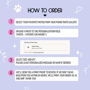 以下が含まれることがあります： HOW TO ORDERというタイトルの薄紫色の説明用グラフィックで、4つの番号付きステップがあります。写真アップロード用のインターフェースボックスと、カスタムステッカーやマグネット用の写真を送信する手順を説明するテキストが含まれています。