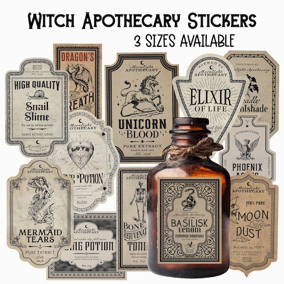 Halloween Apothecary Labels, Vintage Potion Bottle 12 PCs Stickers, Halloween Decor, Magic Witch Apothecary Potion, Water-Resistant Stickers