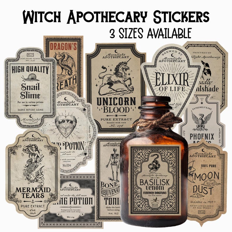 Halloween Apothecary Labels, Vintage Potion Bottle 12 PCs Stickers, Halloween Decor, Magic Witch Apothecary Potion, Waterproof Stickers