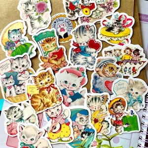 Vintage Cat Stickers, Retro Aesthetic Sticker Pack, 19 PCS Cute Baby Cat Vinyl Stickers, 1950s Kittens For Planners Journaling Scrapbooking