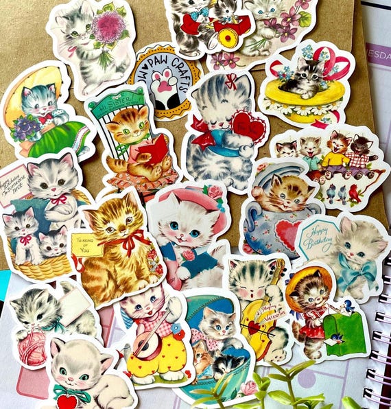 Vintage Cat Stickers, Retro Aesthetic 19 PCS Baby Cat Stickers, 1950s Cute Kittenы For Planners Journaling Scrapbooking