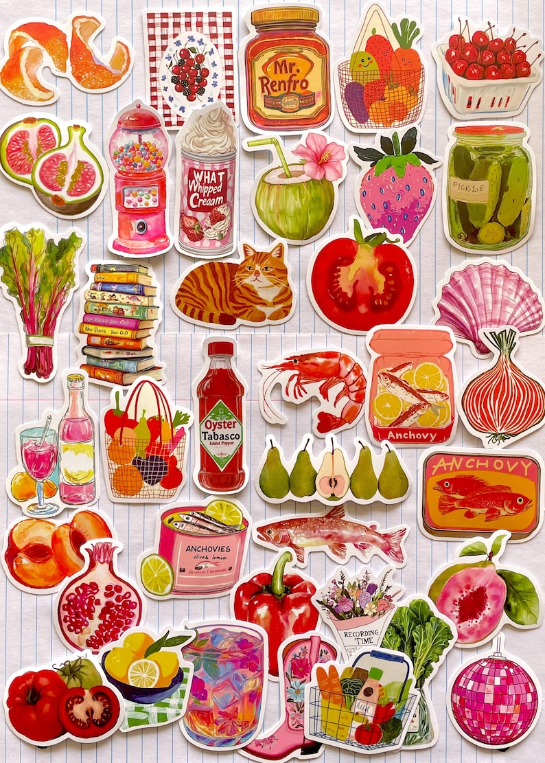 50 Mediterranean Aesthetic Stickers, Tomatoes And Lemons Sardines Italian Food, Dolce Vita Summer Waterproof Stickers, Fruit and Vegetables