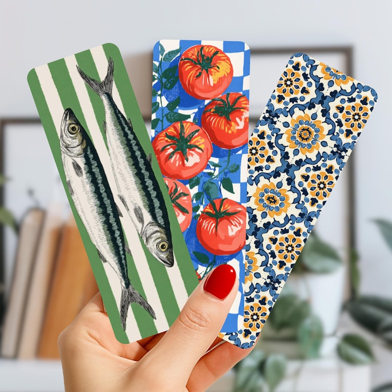 Sardines Tomato Bookmarks, Mediterranean Bookmark Set, Italian Summer Bookish Gift, Coastal Aesthetic Double-Sided Glossy Bookmarks
