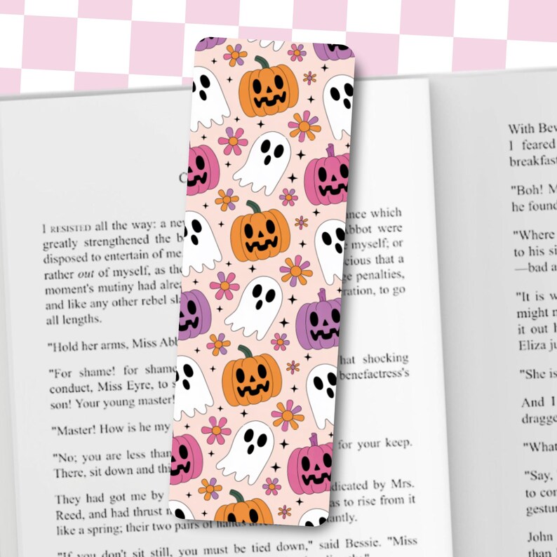 Double-sided spooky bookmarks with skulls, pumpkins and pastel ghosts