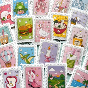 May include: A collection of rectangular stickers designed to look like postage stamps, each featuring a 5-cent denomination and various colorful illustrations including a frog, burger, ramen, goose, candle, cowboy boot, and hot air balloon.
