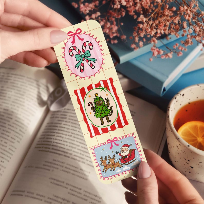 Christmas Frame Bookmarks, Preppy Xmas Bookmark Set, Christmas Holiday Stocking Stuffer for Reader, Santa Snowman Bookmark, Double-Sided