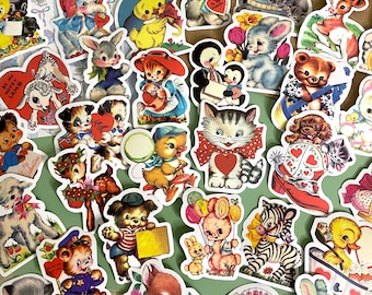 50 PCS Retro Animals Stickers, Vintage Aesthetic Sticker Pack, 1950s Baby Animals Duck Dog Cat Bunny Stickers For Scrapbooking Journaling
